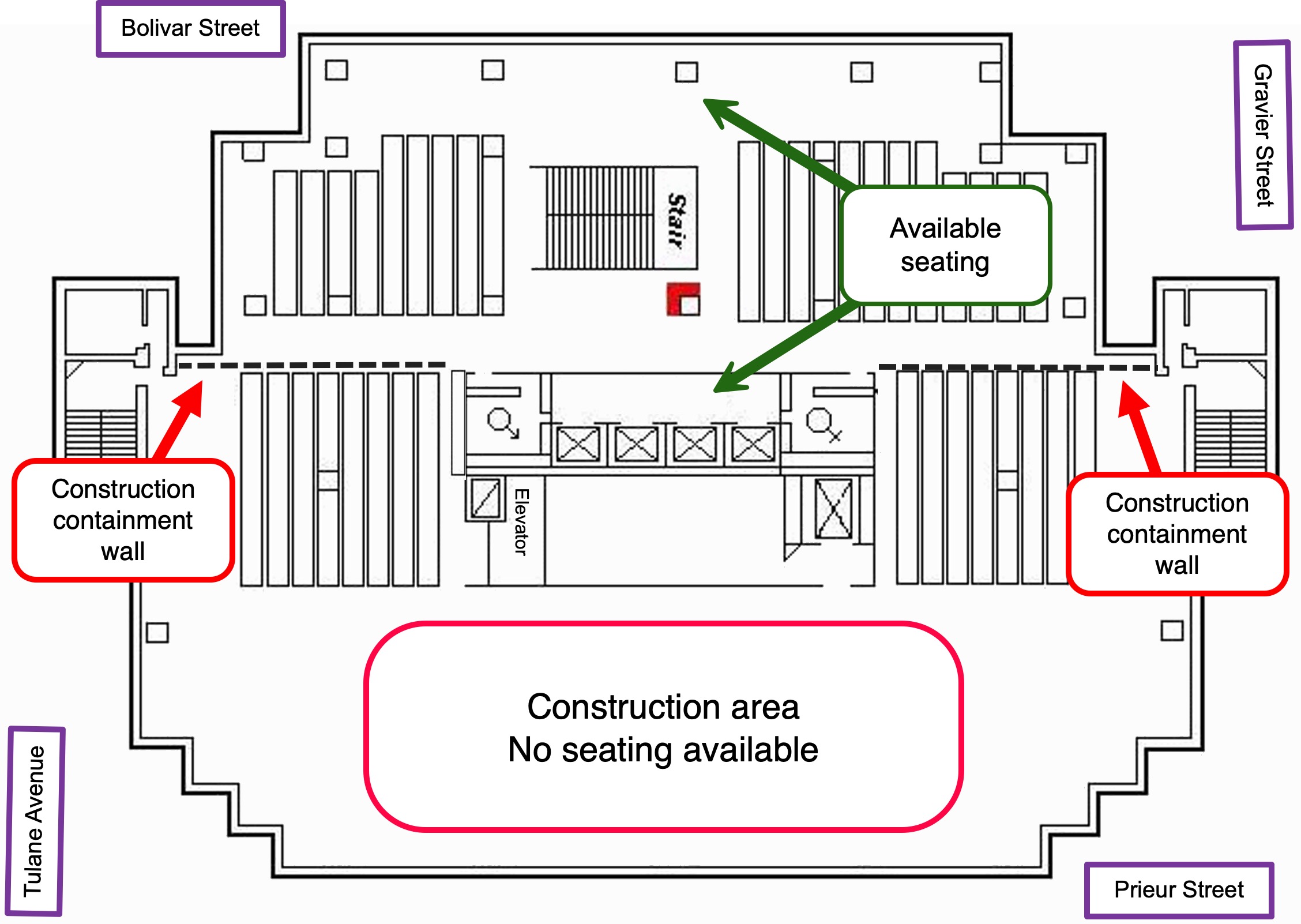 Diagram of the 5th Floor with the construction containment walls on the Bolivar side